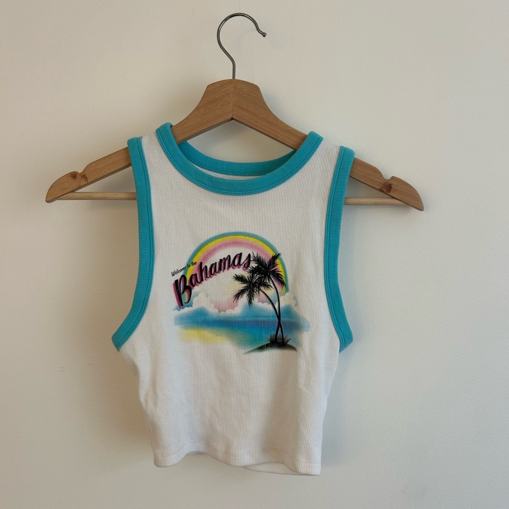 Bahamas Graphic Tank Top - White with Turquoise Trim